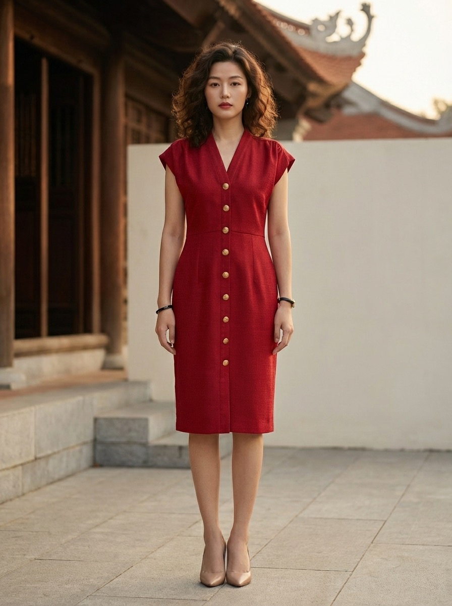 Đầm ôm body tweed đỏ thời trang Hity