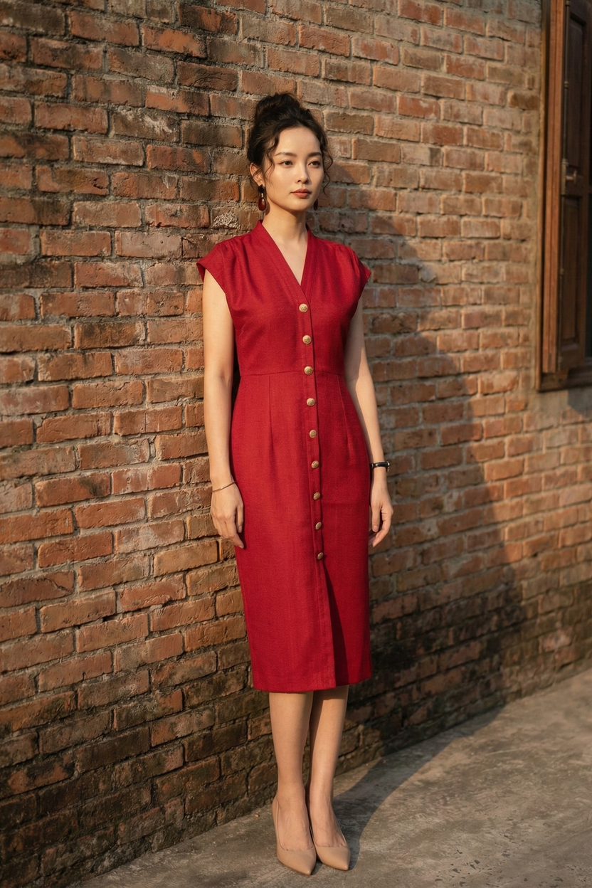 Đầm ôm body tweed đỏ thời trang Hity