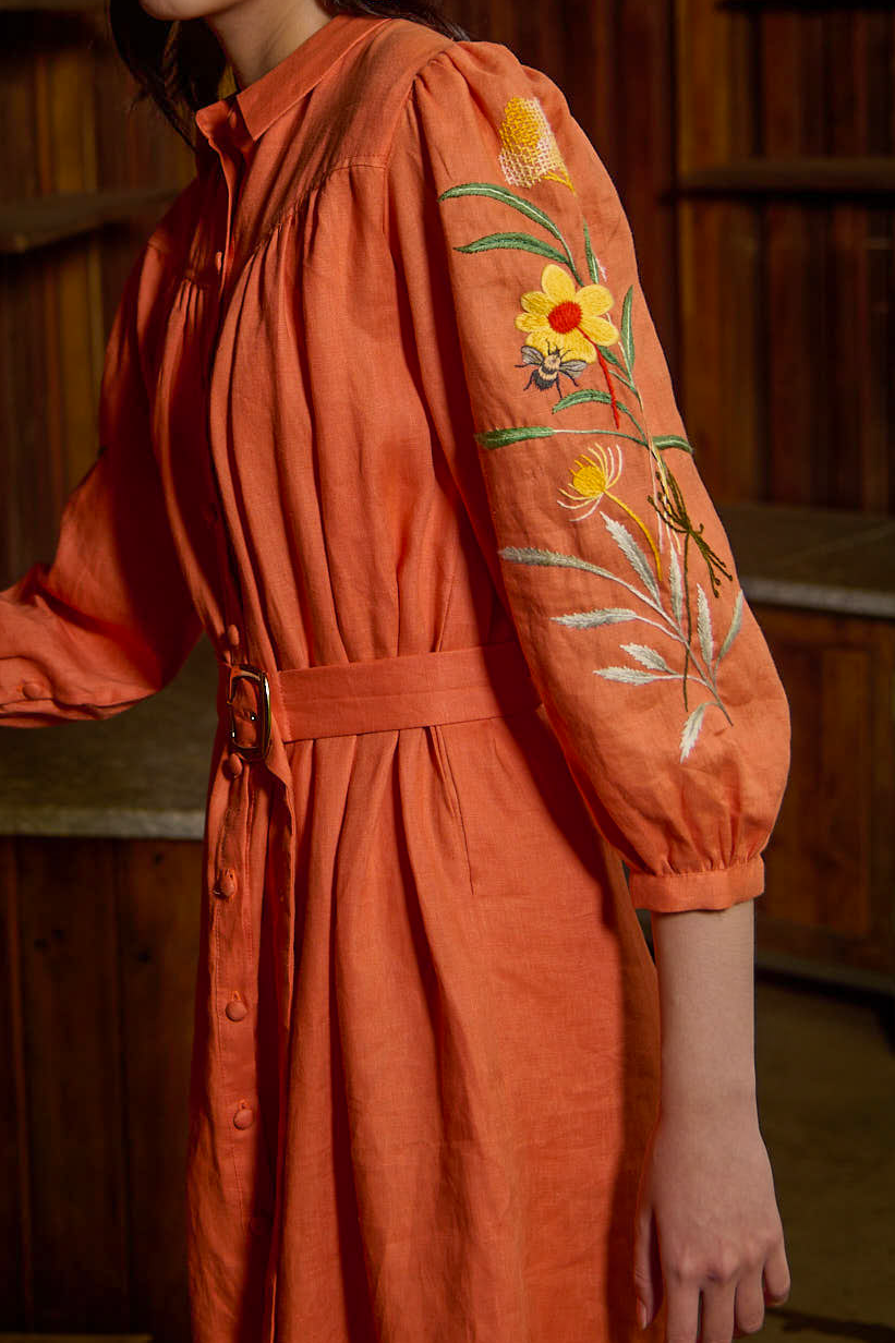 Đầm sơ mi linen cam thêu tay thời trang Hity