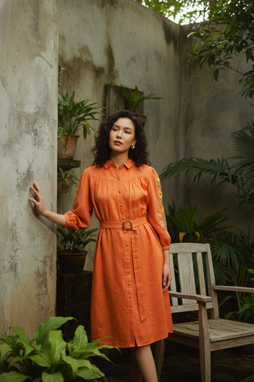 Đầm sơ mi linen cam thêu tay thời trang Hity