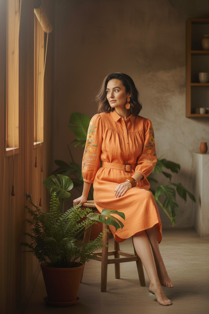 Đầm sơ mi linen cam thêu tay thời trang Hity