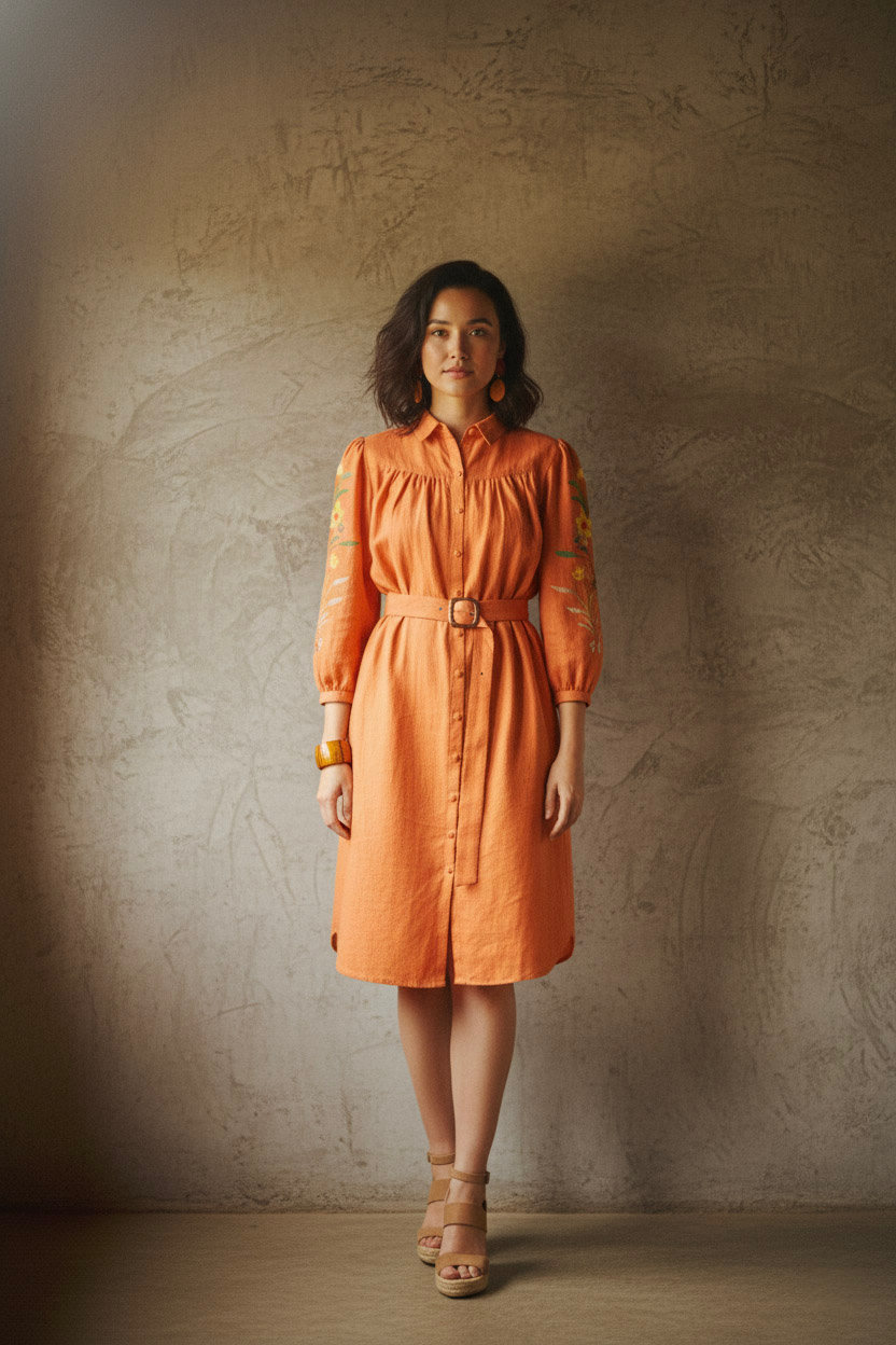 Đầm sơ mi linen cam thêu tay thời trang Hity