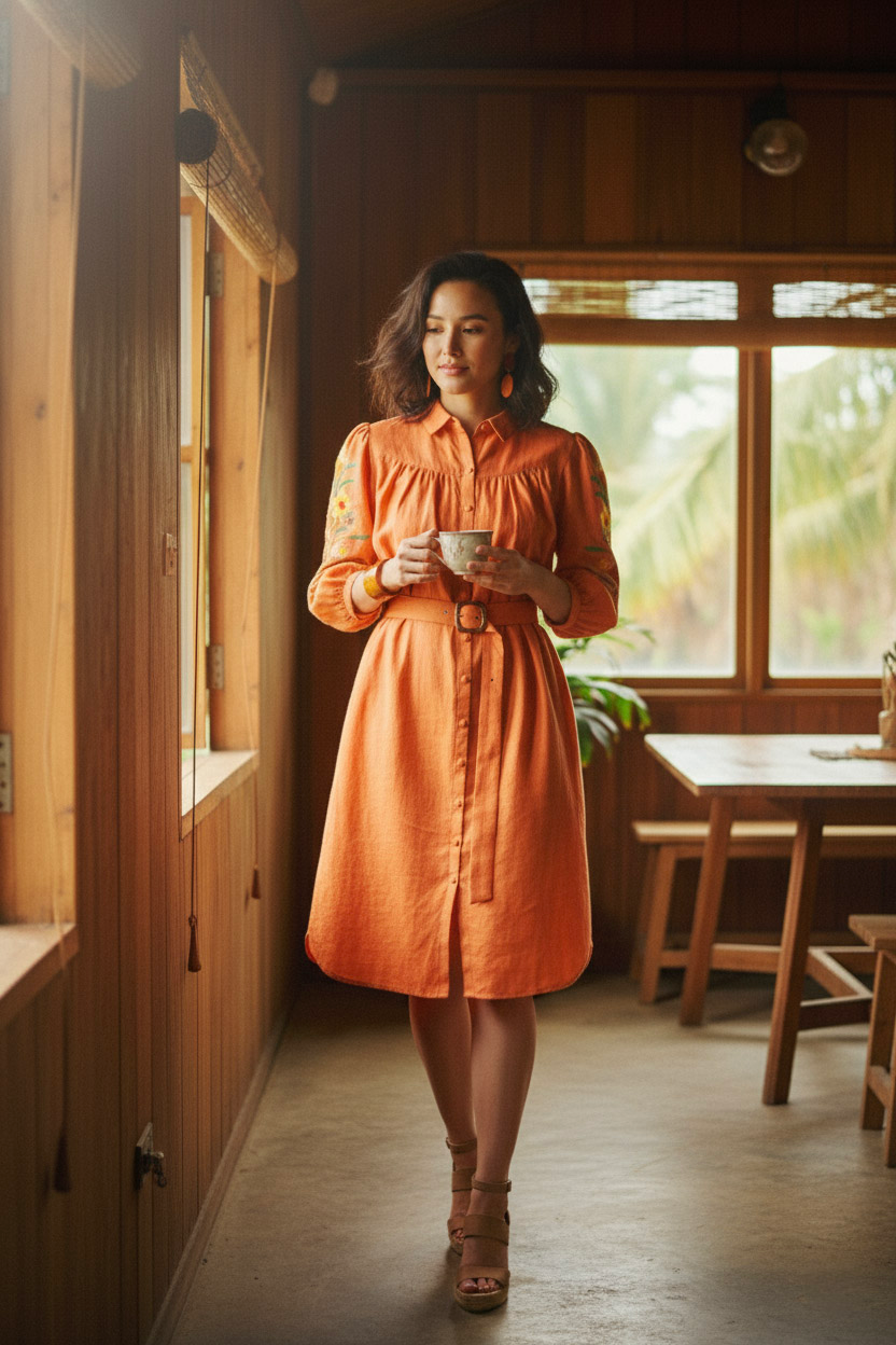 Đầm sơ mi linen cam thêu tay thời trang Hity