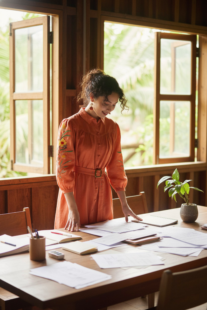 Đầm sơ mi linen cam thêu tay thời trang Hity