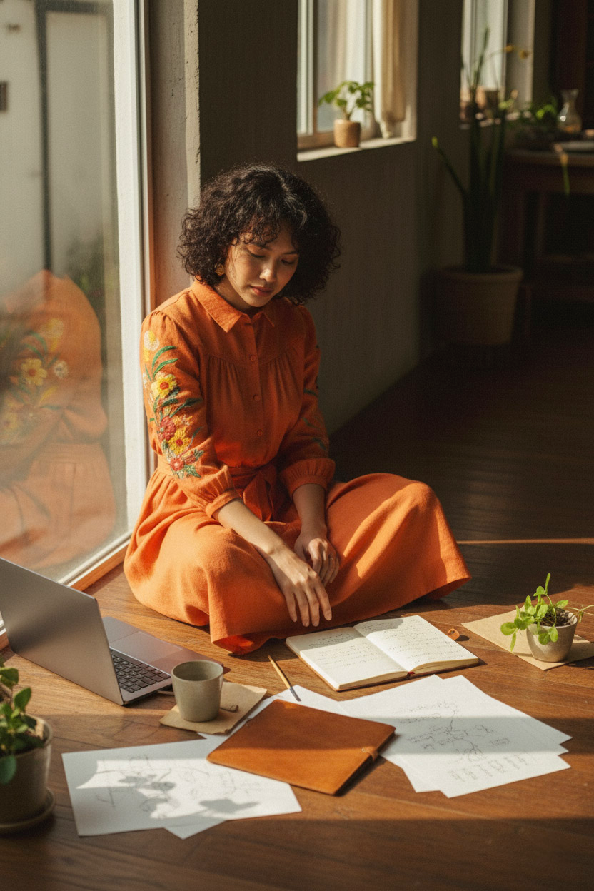 Đầm sơ mi linen cam thêu tay thời trang Hity