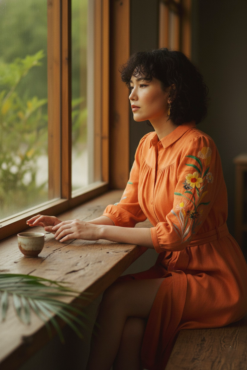 Đầm sơ mi linen cam thêu tay thời trang Hity