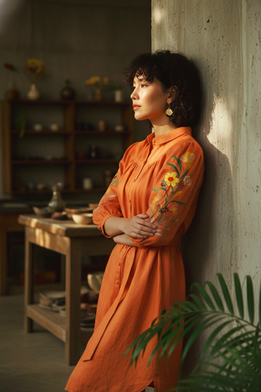 Đầm sơ mi linen cam thêu tay thời trang Hity