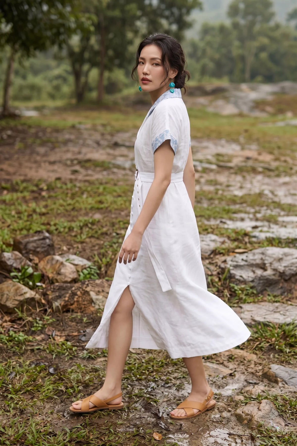 Đầm sơ mi maxi linen trắng phối ren thêu thời trang Hity