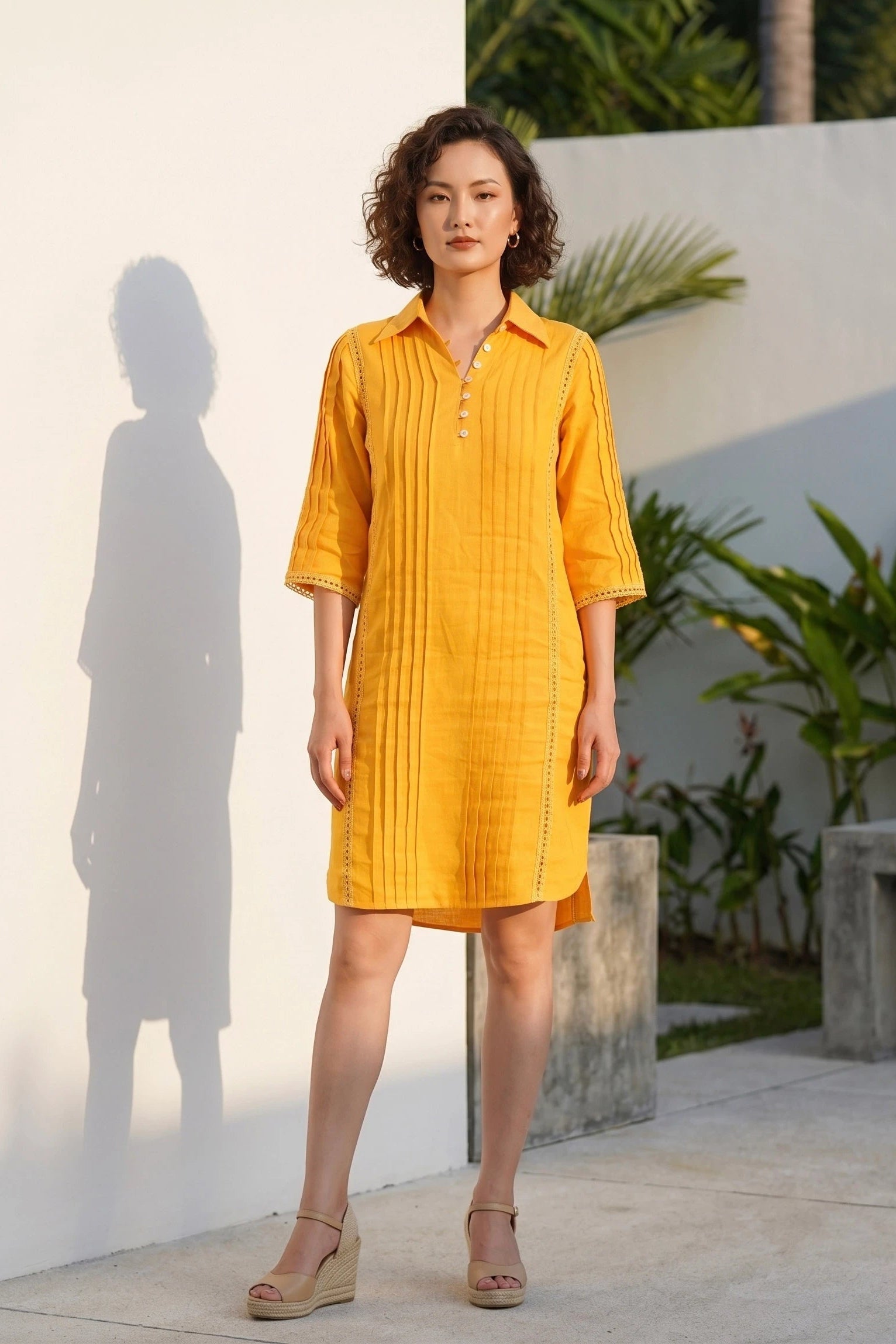 Đầm sơ mi xếp ly linen vàng thời trang Hity