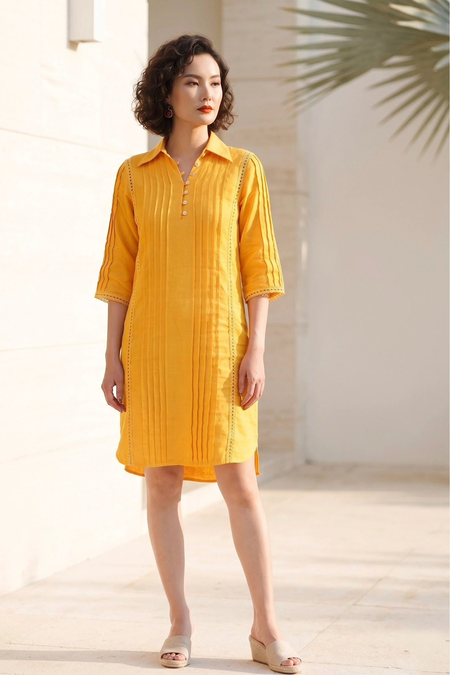 Đầm sơ mi xếp ly linen vàng thời trang Hity