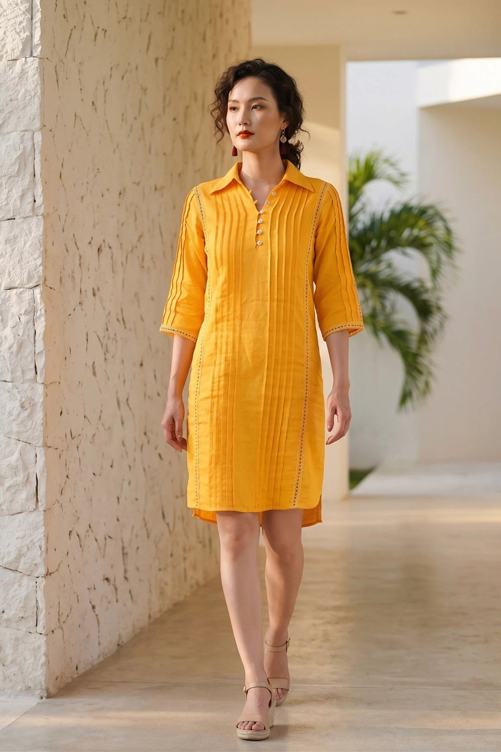 Đầm sơ mi xếp ly linen vàng thời trang Hity