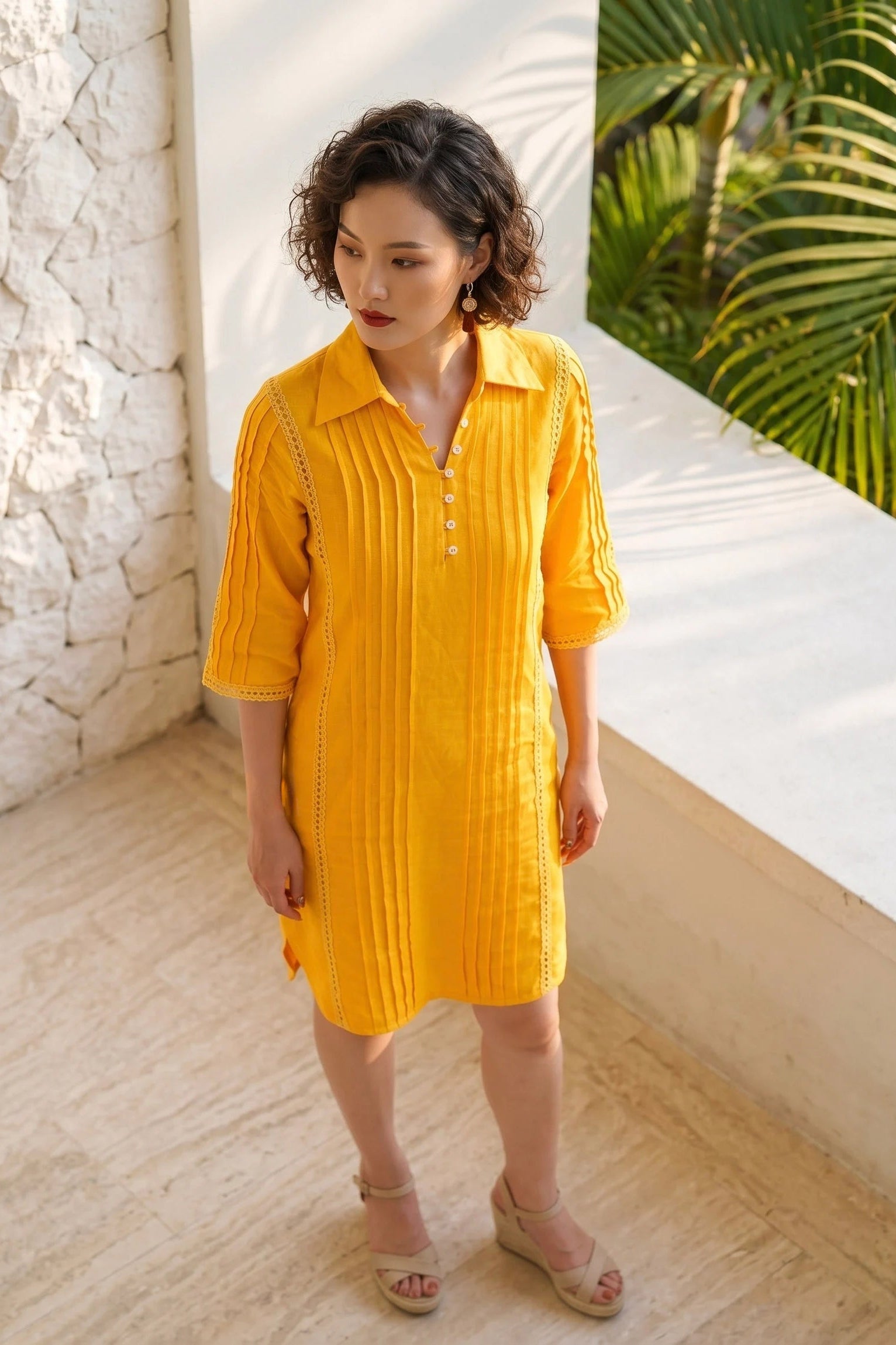Đầm sơ mi xếp ly linen vàng thời trang Hity