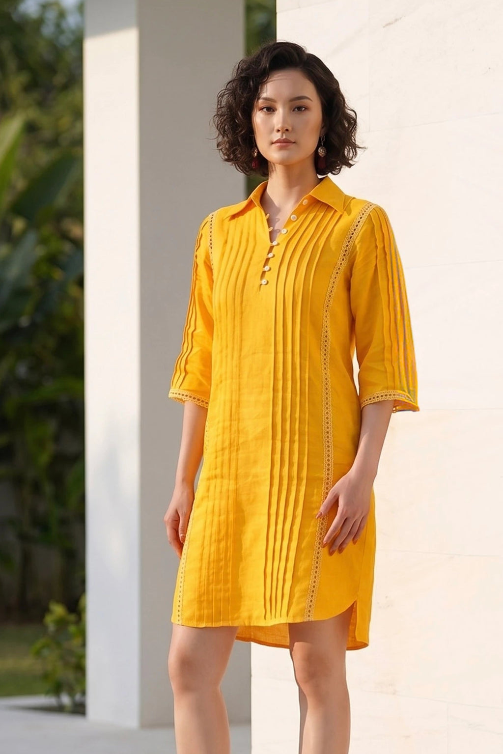 Đầm sơ mi xếp ly linen vàng thời trang Hity
