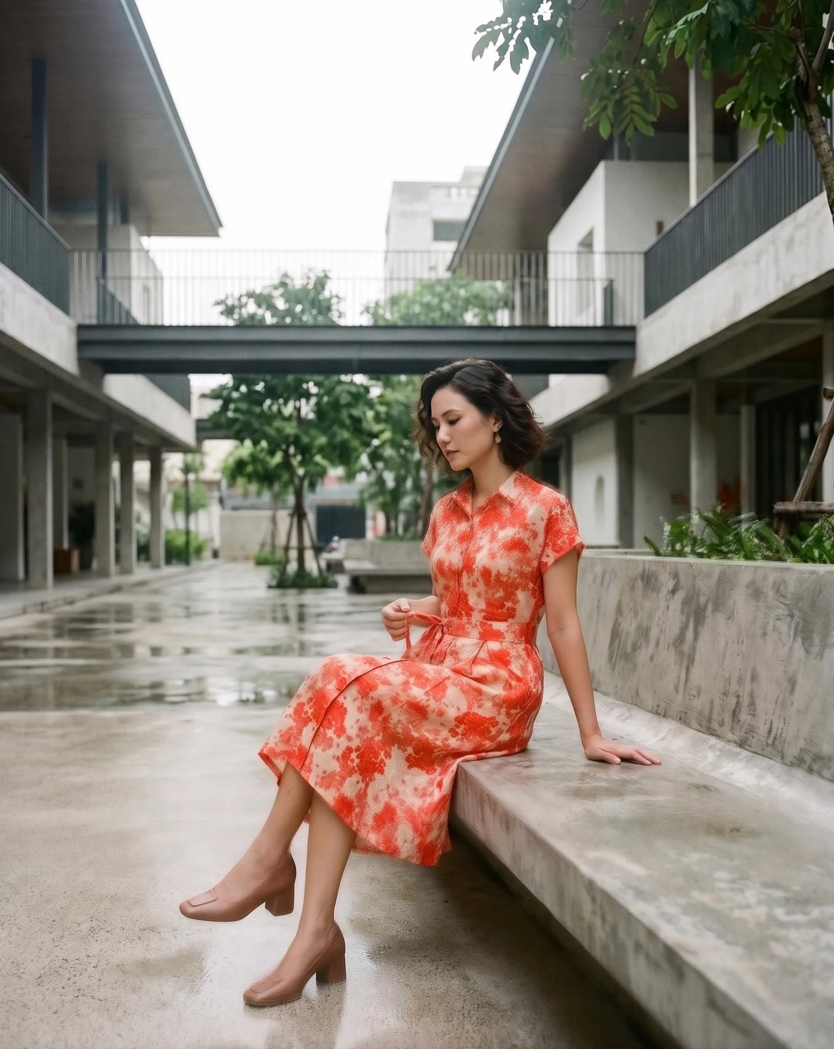 Đầm sơ mi vải gai xanh ramie thời trang Hity