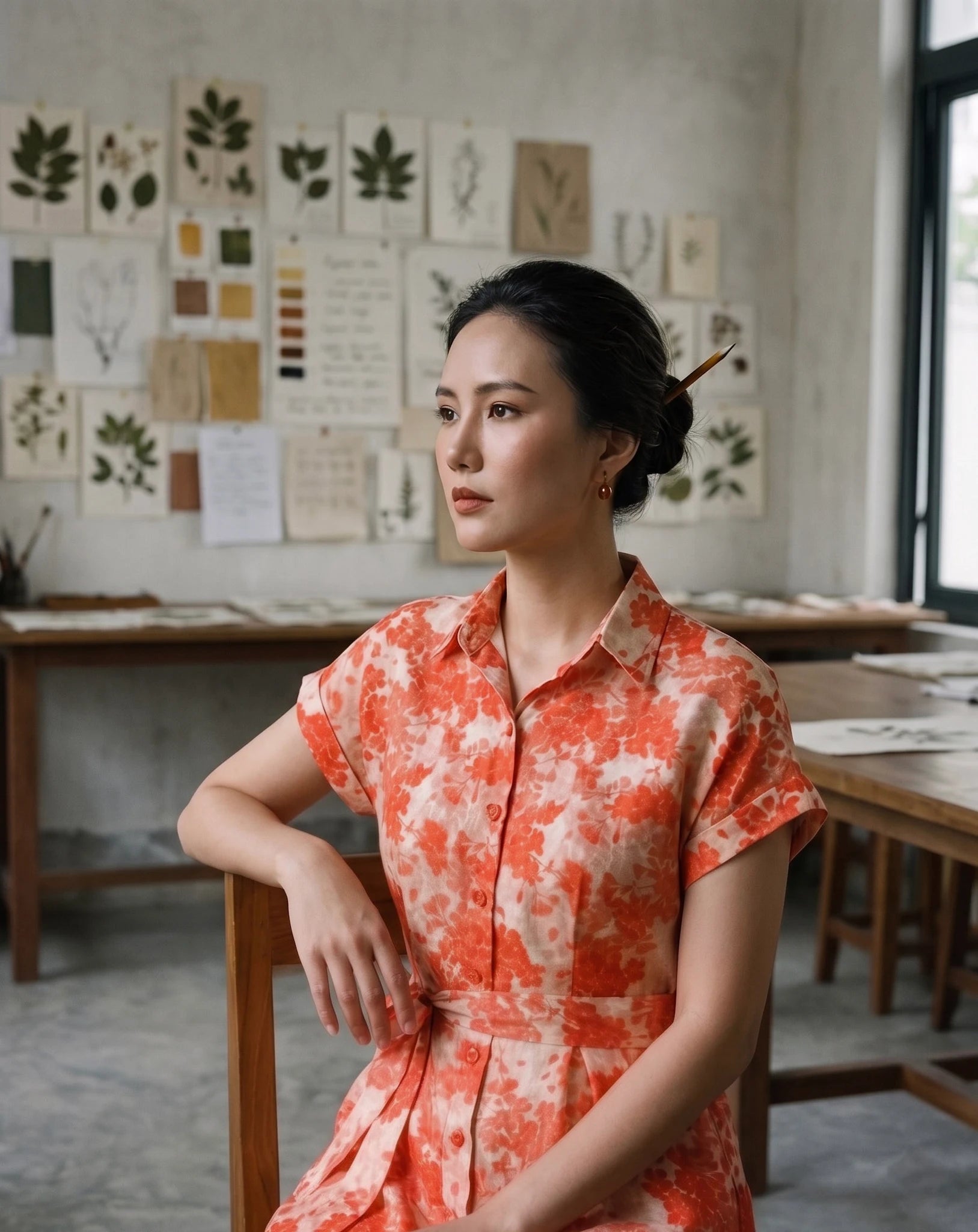 Đầm sơ mi vải gai xanh ramie thời trang Hity