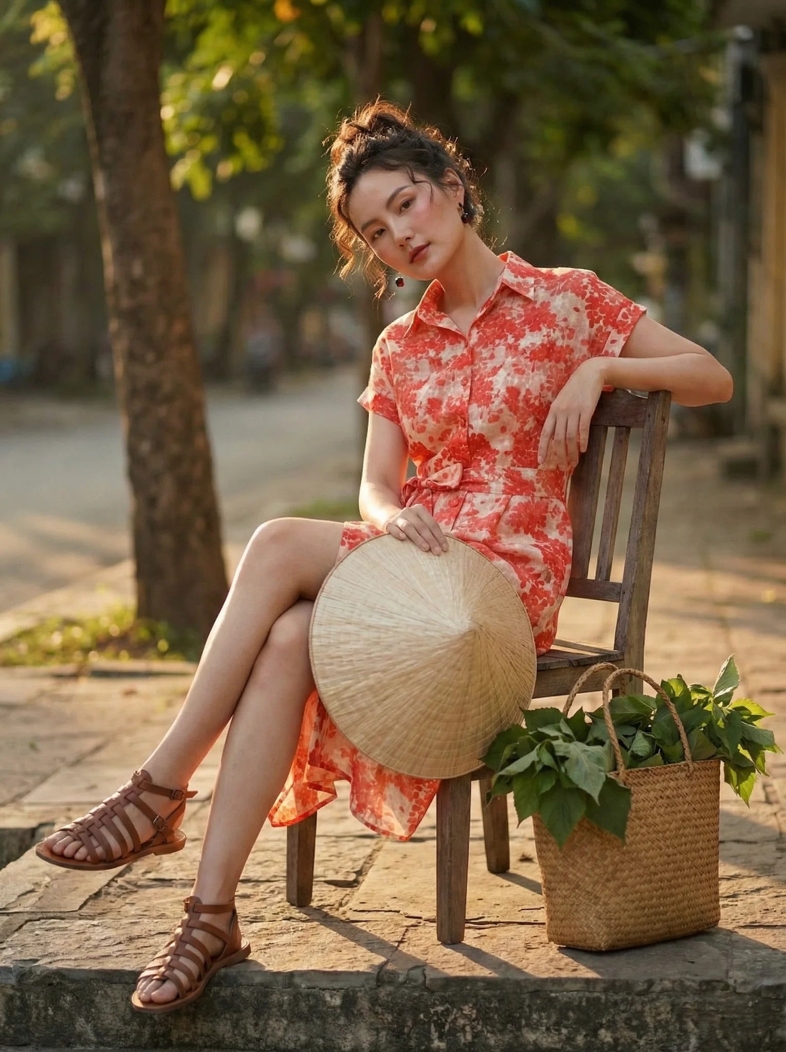 Đầm sơ mi vải gai xanh ramie thời trang Hity