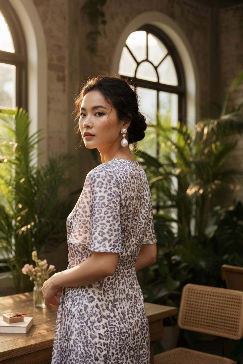 Đầm suông thắt nút da beo thời trang Hity