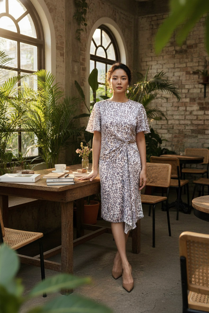 Đầm suông thắt nút da beo thời trang Hity