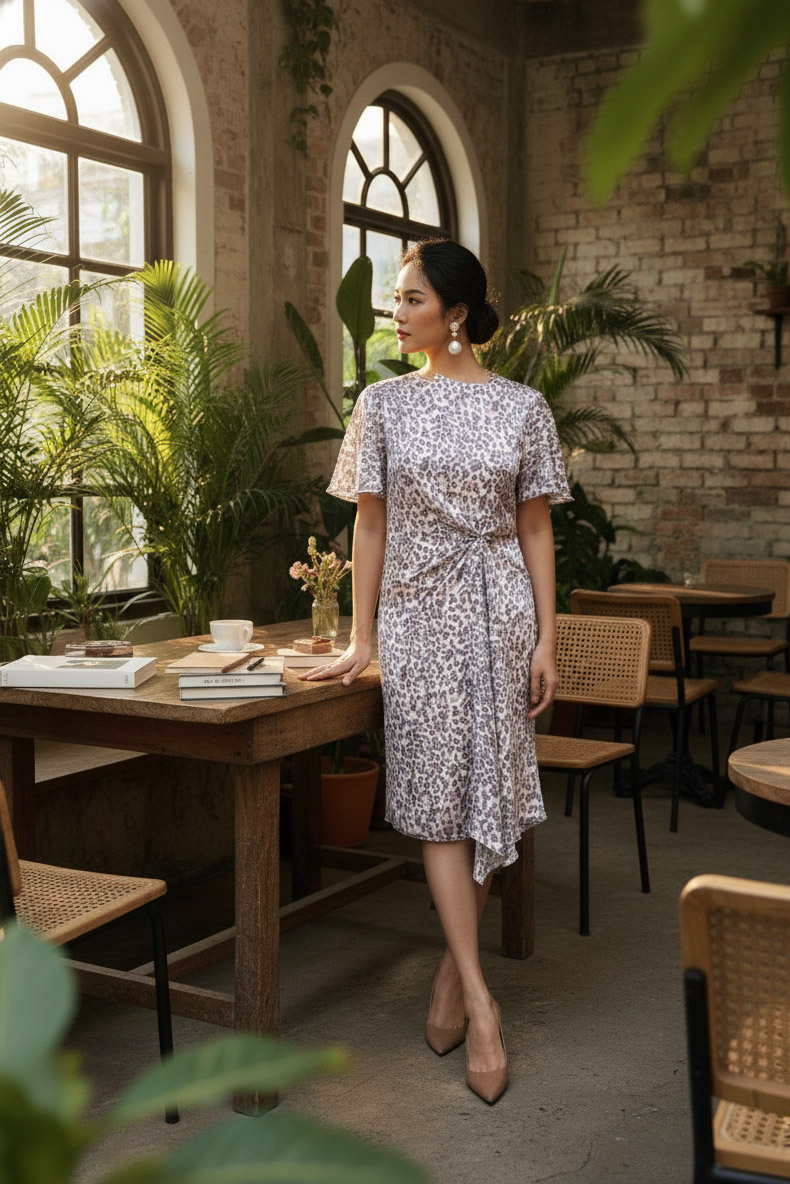 Đầm suông thắt nút da beo thời trang Hity