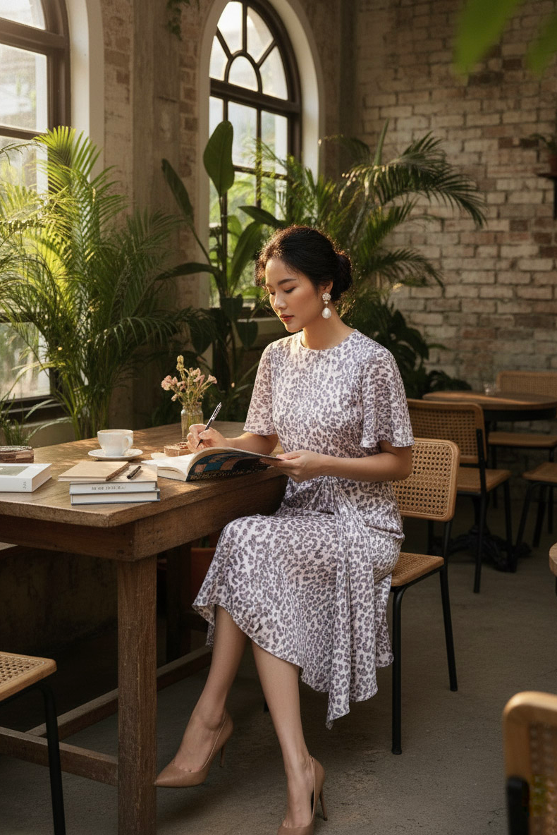 Đầm suông thắt nút da beo thời trang Hity