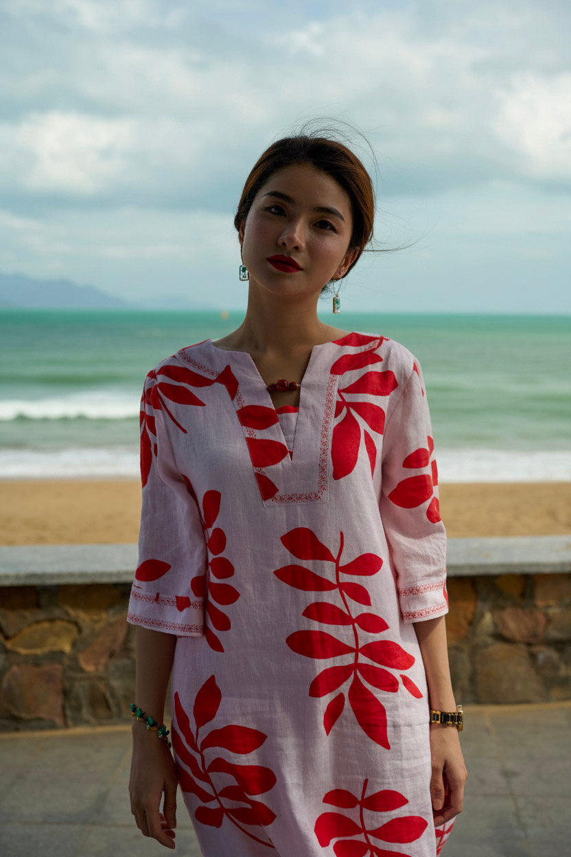 Đầm suông linen lá đỏ thêu lắc tay thời trang Hity