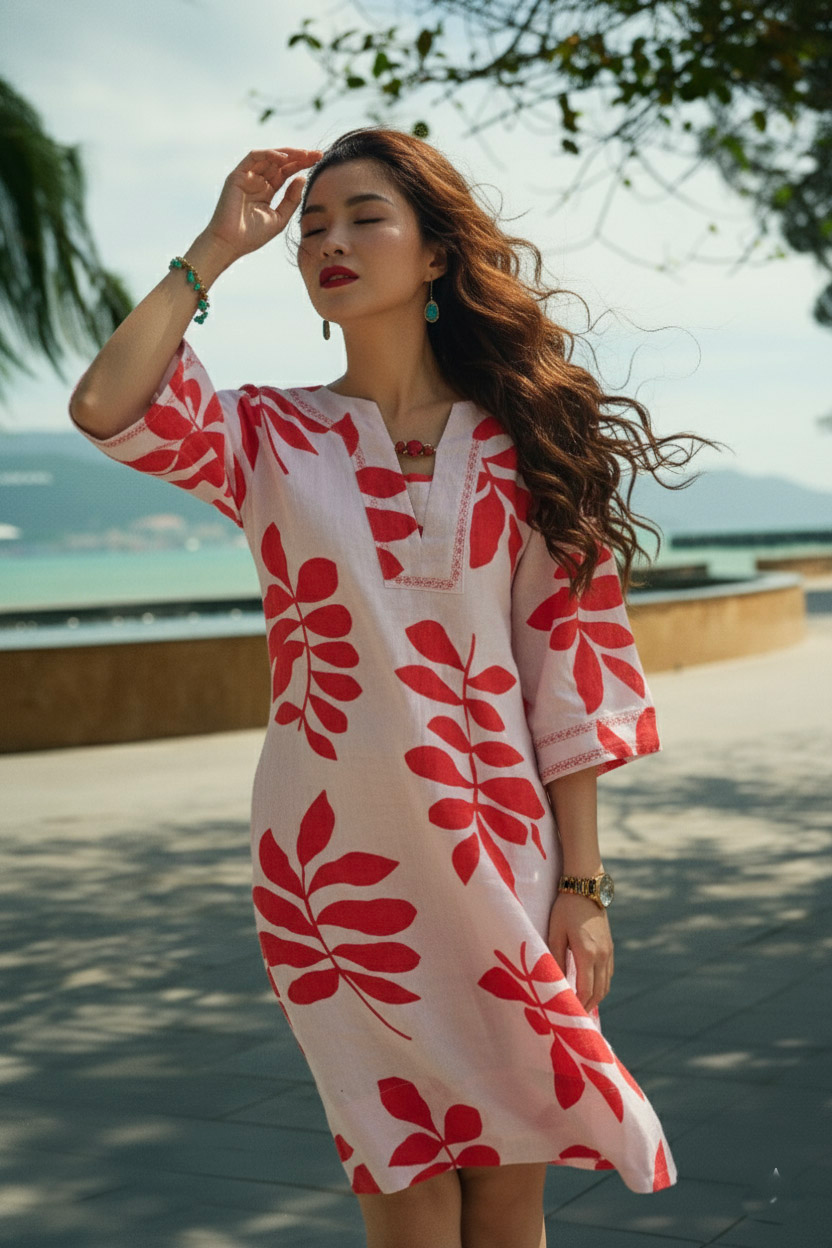 Đầm suông linen lá đỏ thêu lắc tay thời trang Hity