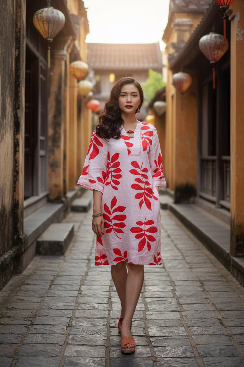 Đầm suông linen lá đỏ thêu lắc tay thời trang Hity