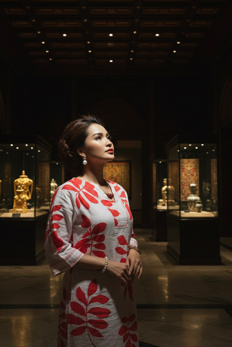 Đầm suông linen lá đỏ thêu lắc tay thời trang Hity