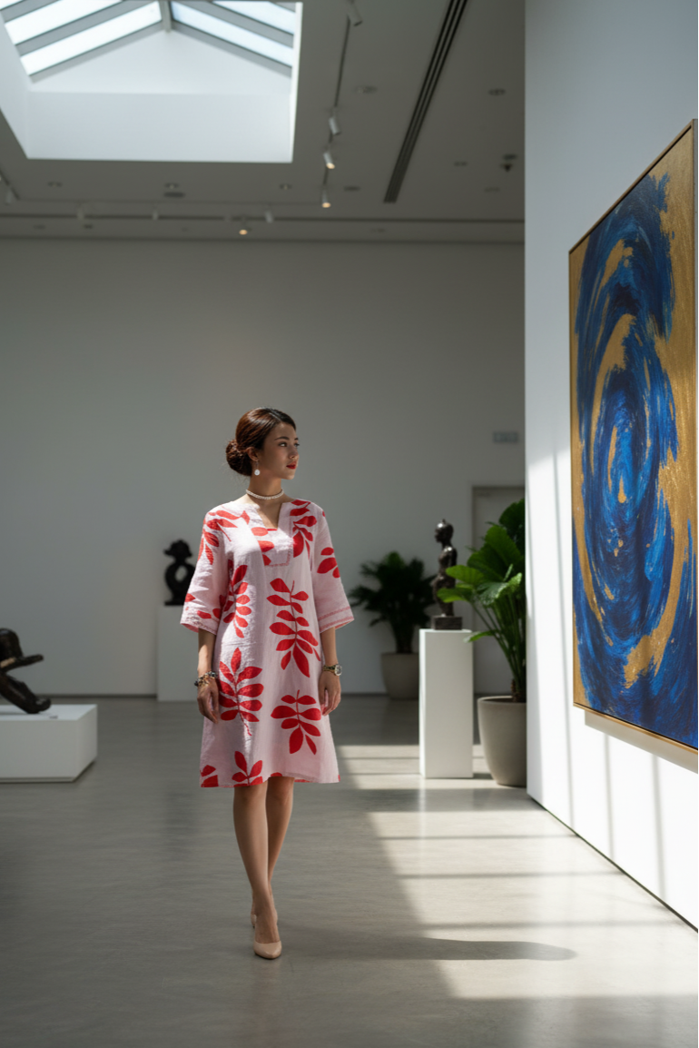 Đầm suông linen lá đỏ thêu lắc tay thời trang Hity