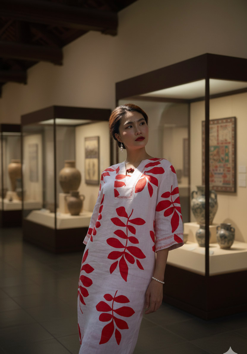 Đầm suông linen lá đỏ thêu lắc tay thời trang Hity