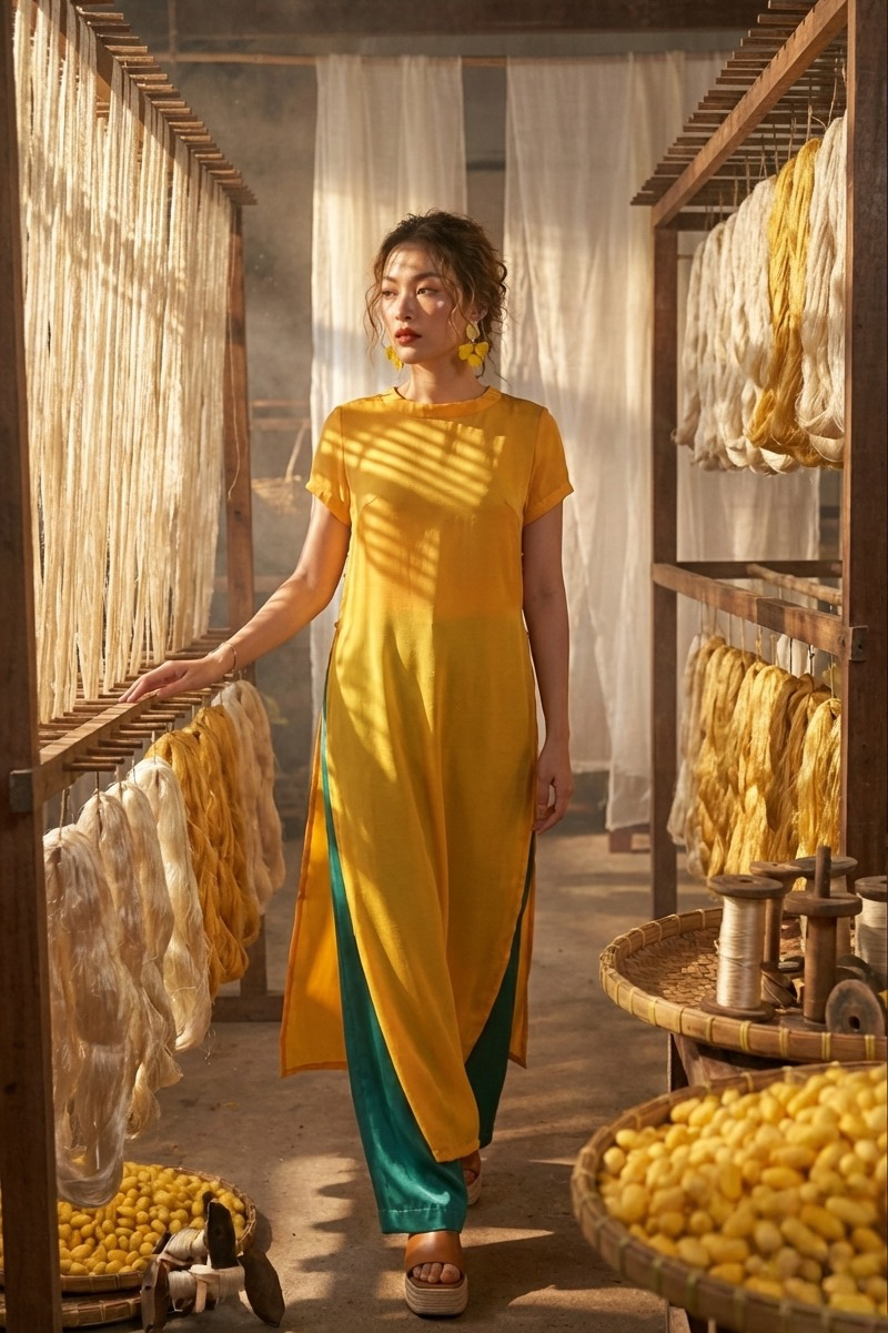 Áo dài suông lụa tơ tằm thời trang Hity