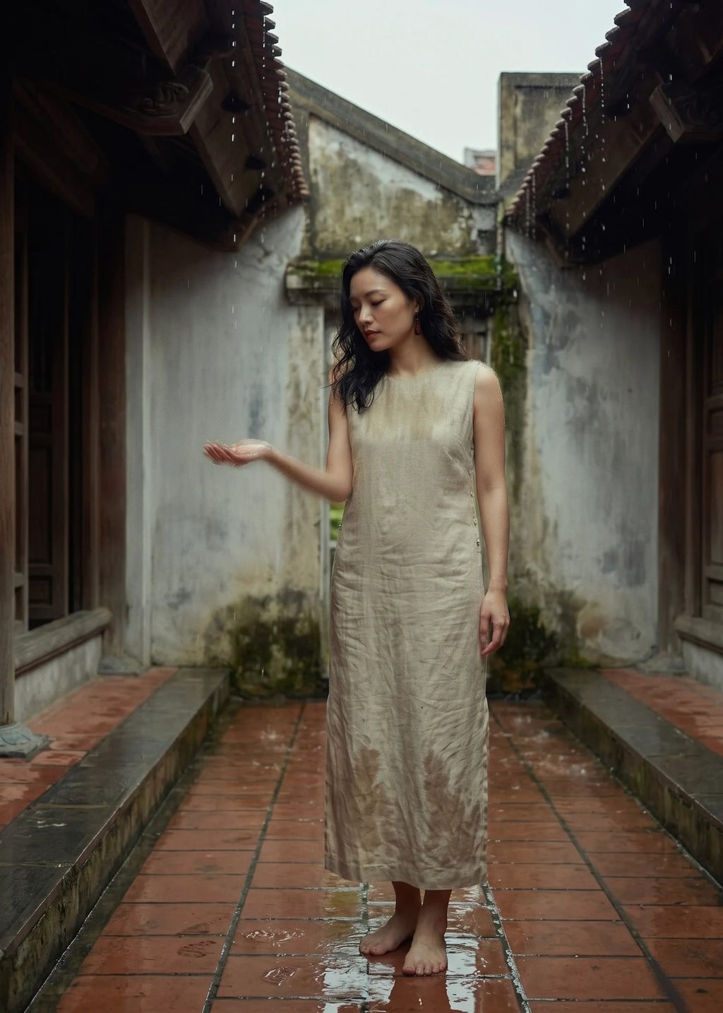 Đầm suông xẻ tà linen xám thời trang Hity