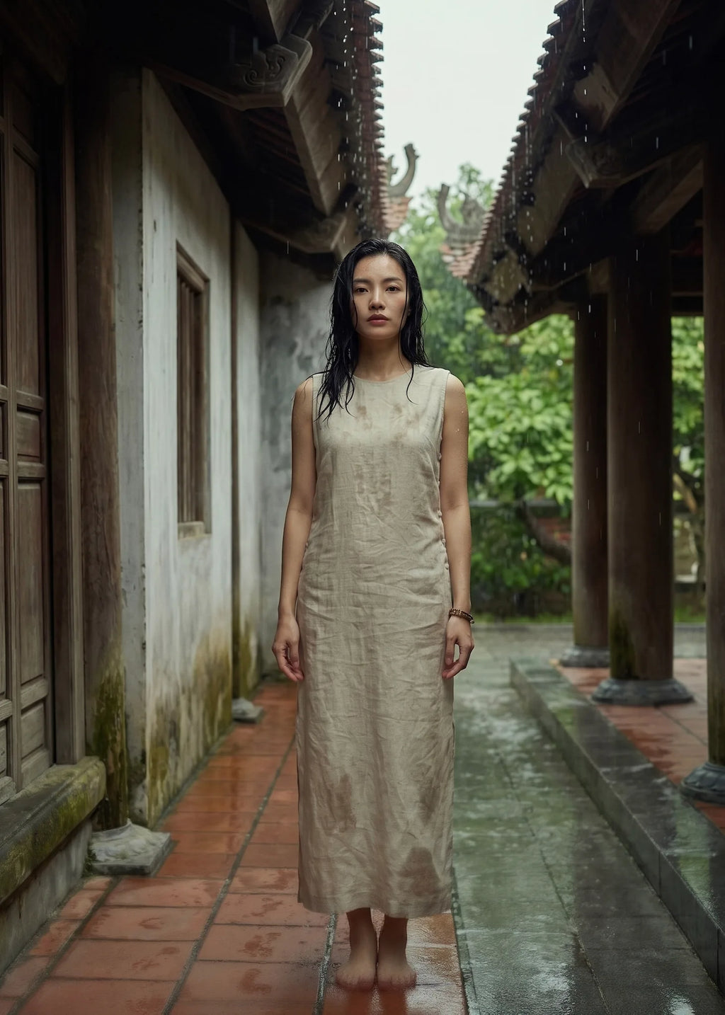 Đầm suông xẻ tà linen xám thời trang Hity