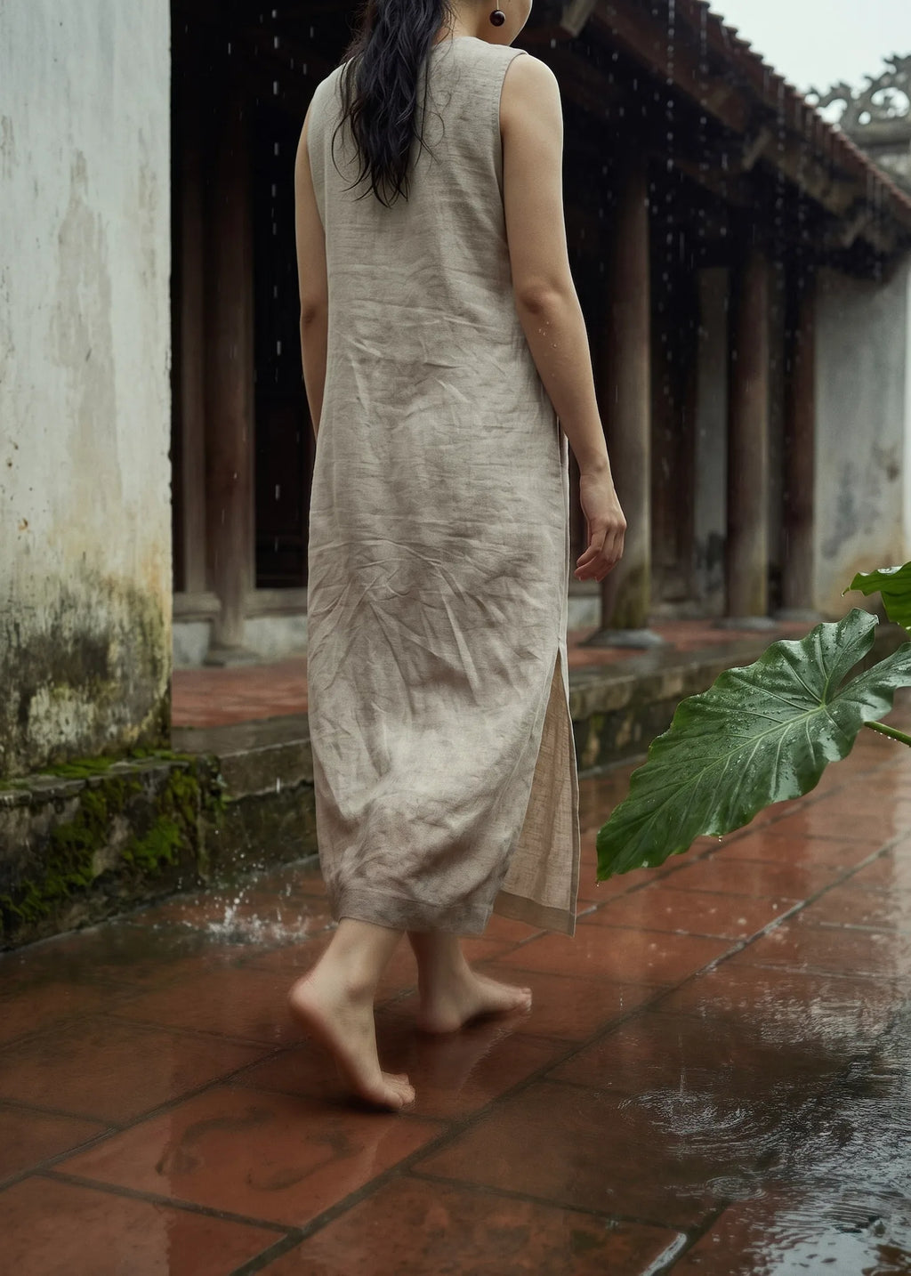 Đầm suông xẻ tà linen xám thời trang Hity