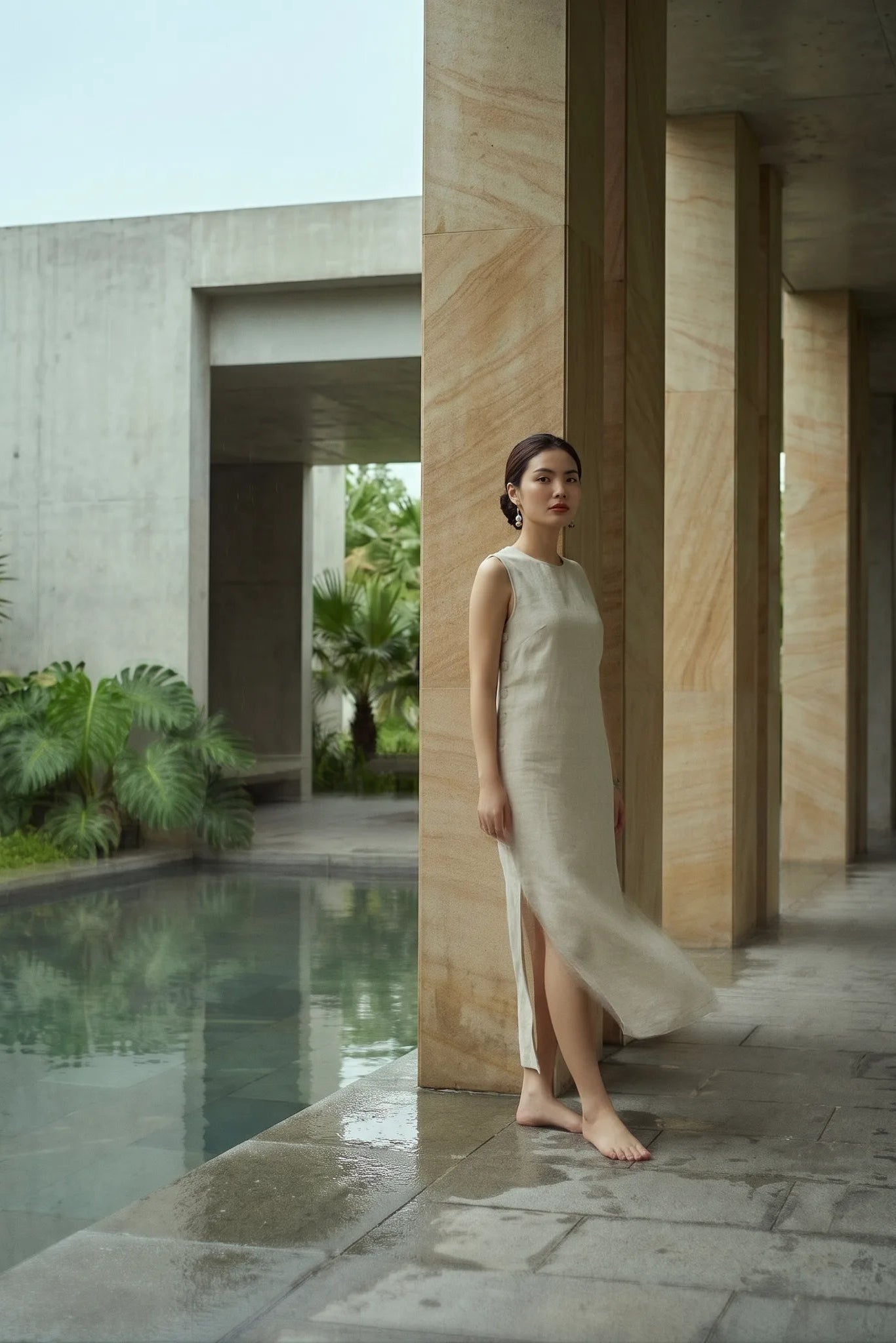 Đầm suông xẻ tà linen xám thời trang Hity
