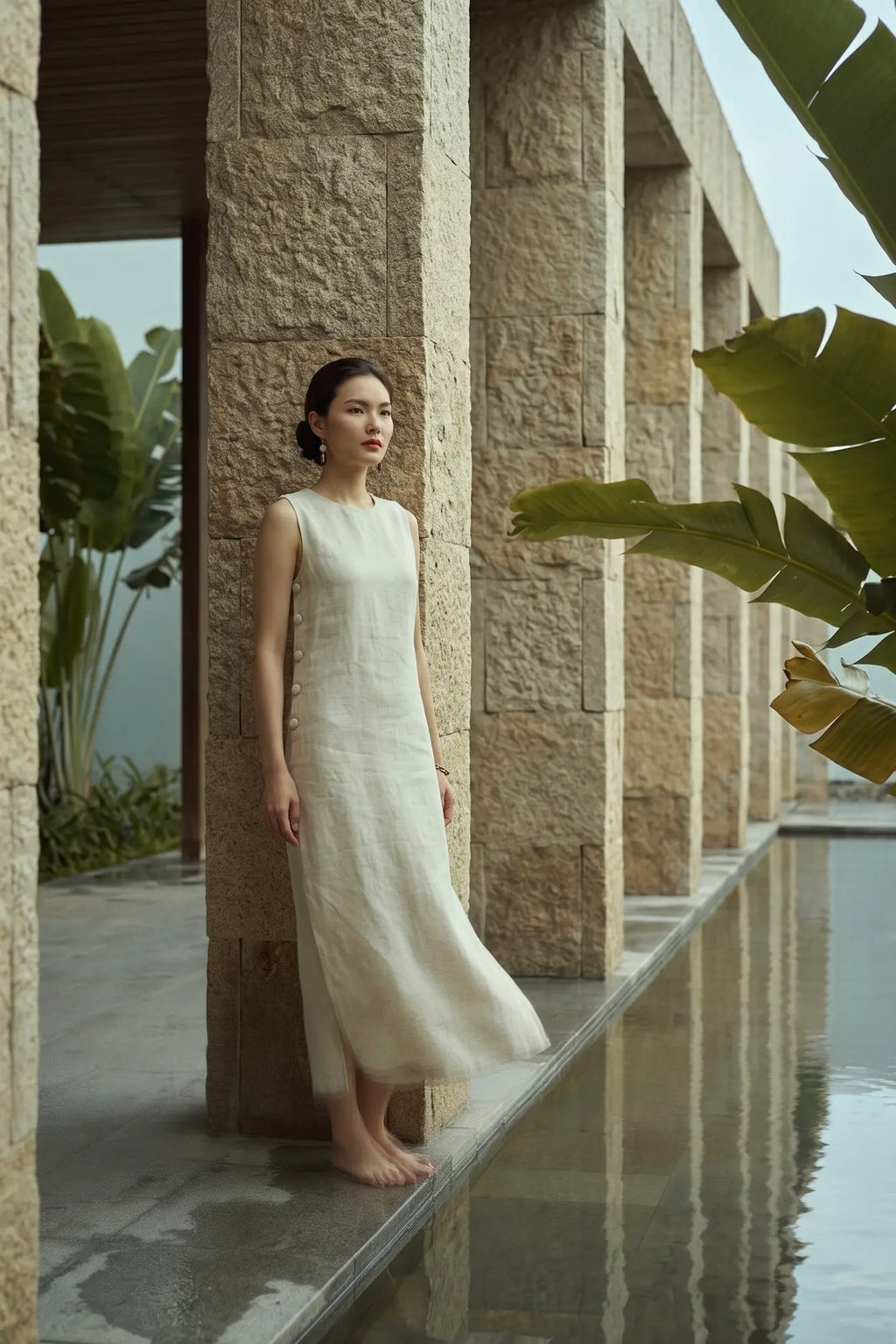 Đầm suông xẻ tà linen xám thời trang Hity
