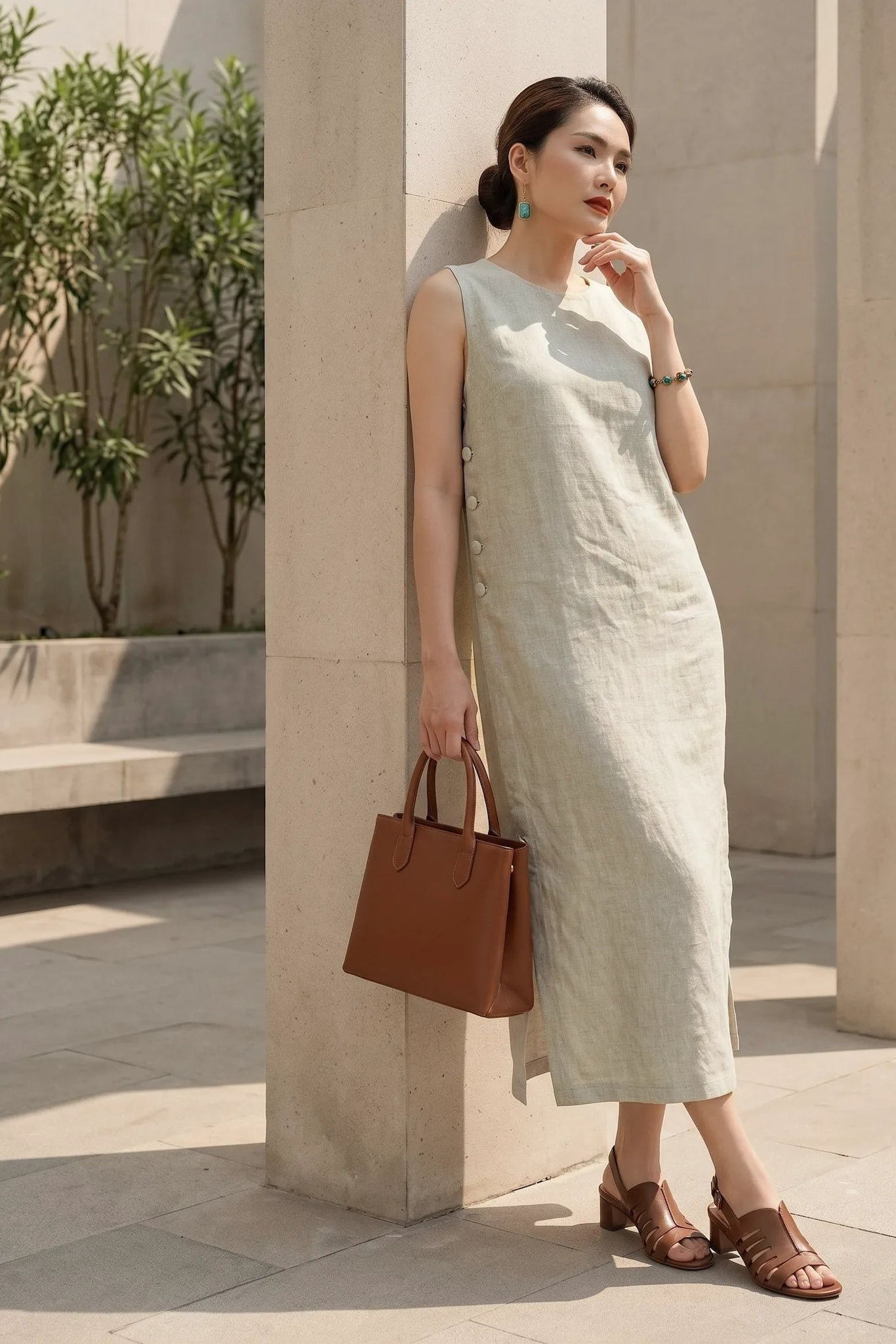 Đầm suông xẻ tà linen xám thời trang Hity