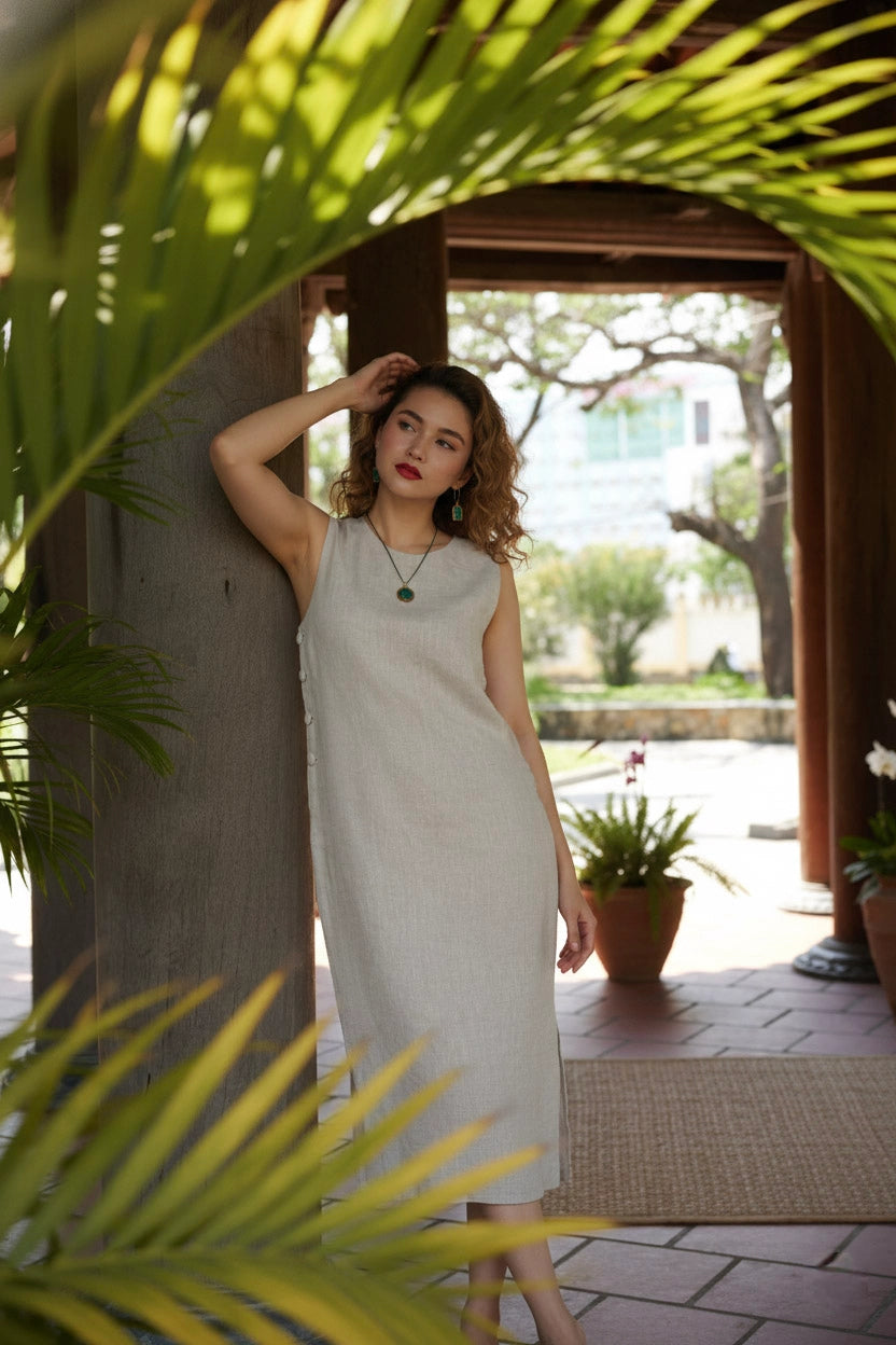 Đầm suông xẻ tà linen xám thời trang Hity