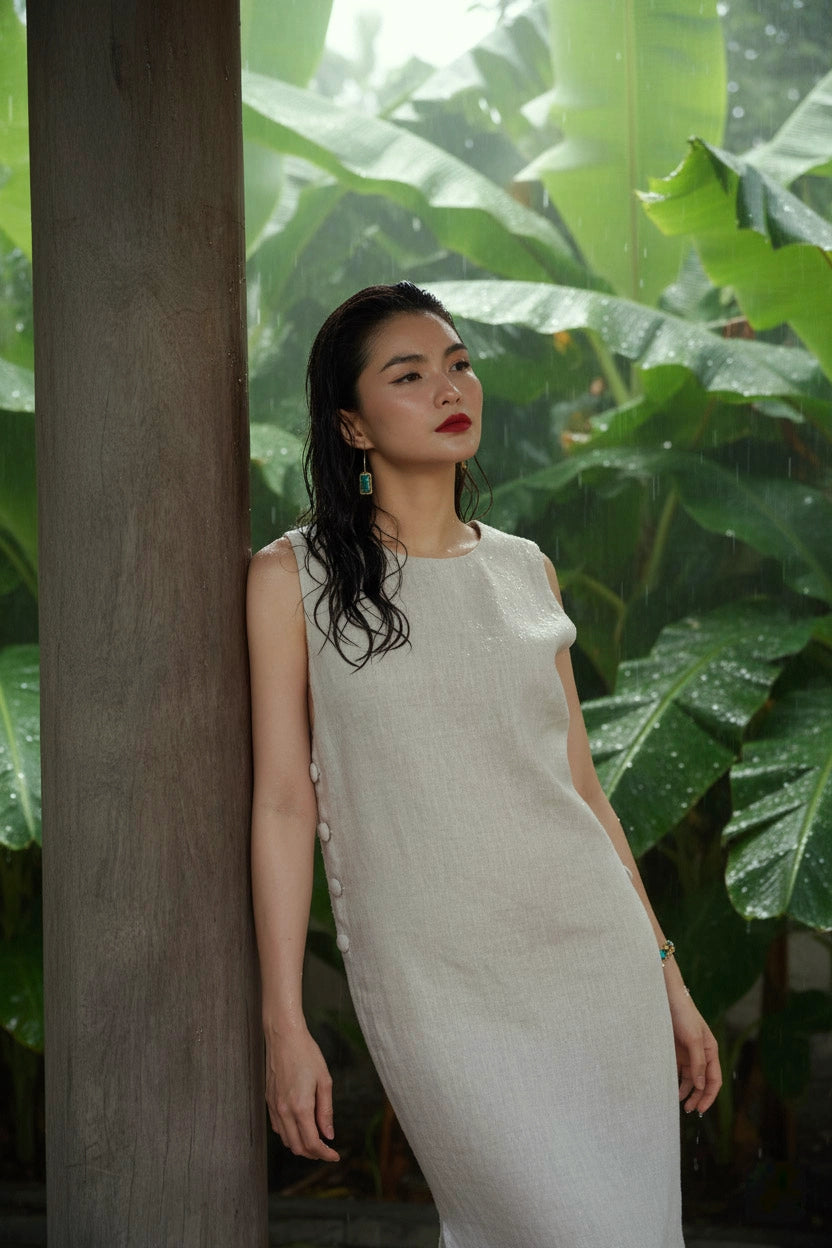 Đầm suông xẻ tà linen xám thời trang Hity