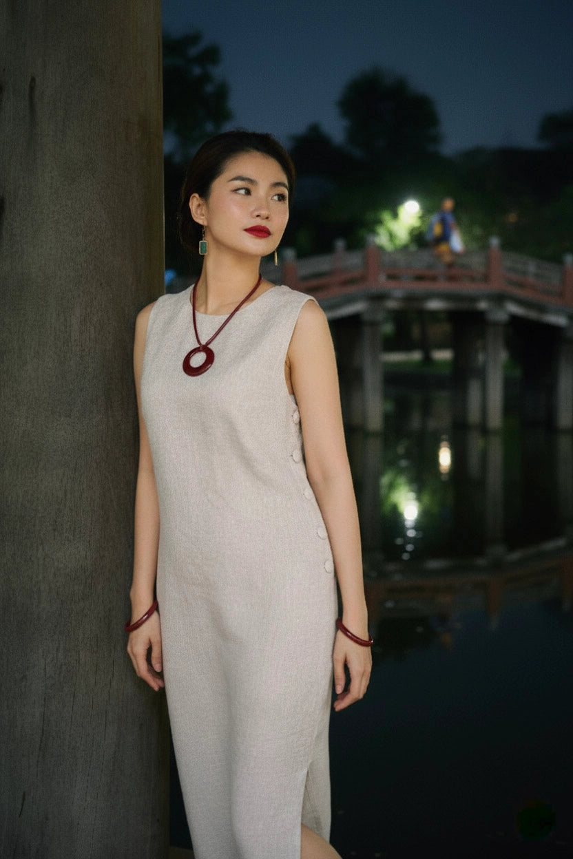 Đầm suông xẻ tà linen xám thời trang Hity