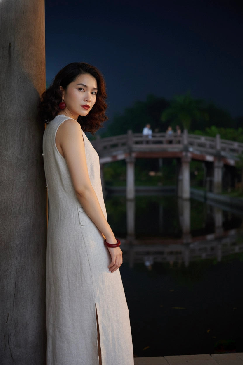 Đầm suông xẻ tà linen xám thời trang Hity