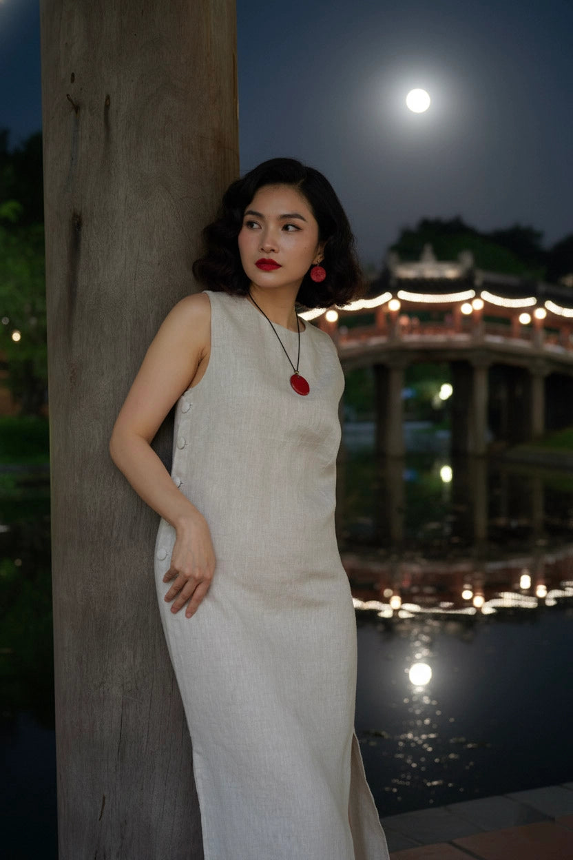 Đầm suông xẻ tà linen xám thời trang Hity