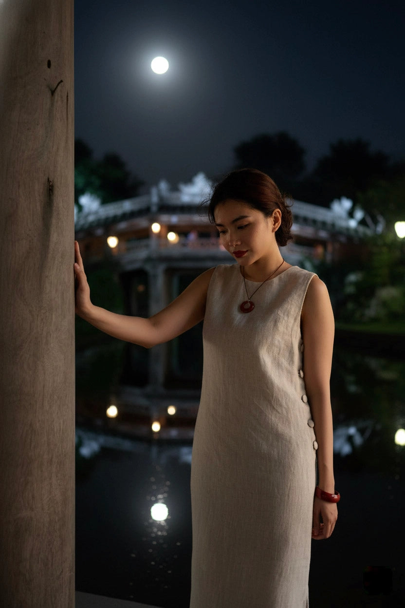 Đầm suông xẻ tà linen xám thời trang Hity