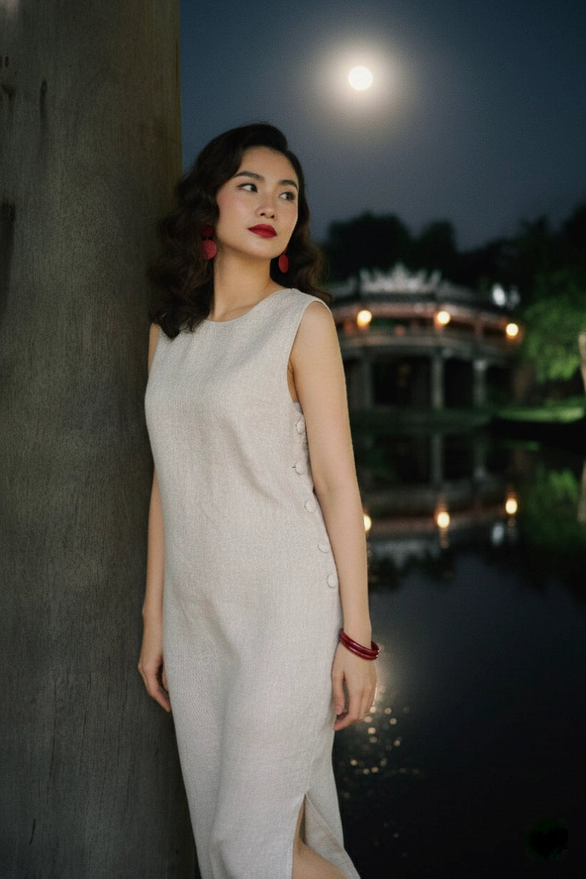 Đầm suông xẻ tà linen xám thời trang Hity