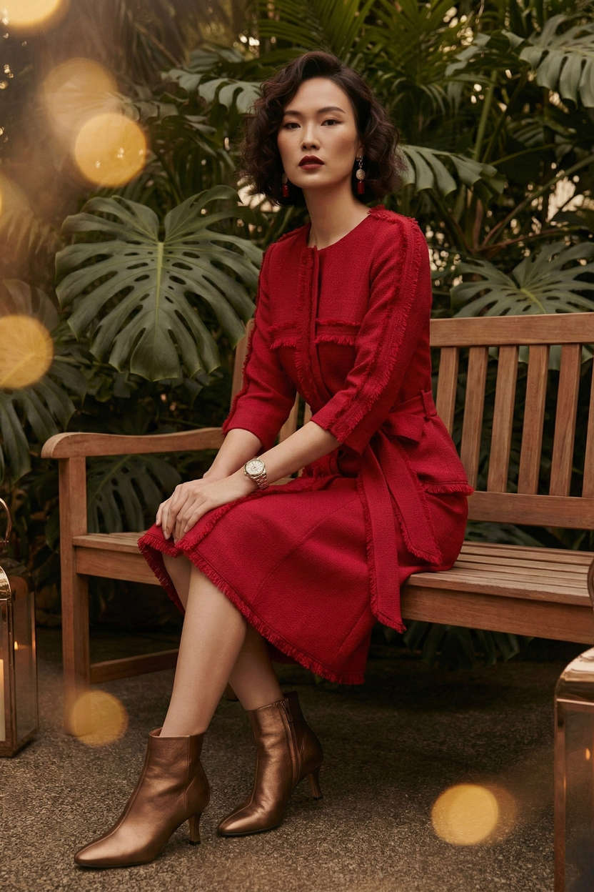 Đầm suông tua rua thủ công tweed đỏ thời trang Hity