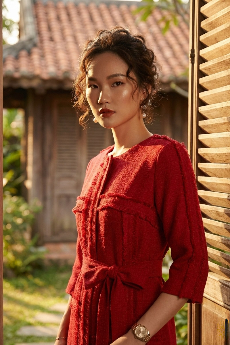 Đầm suông tua rua thủ công tweed đỏ thời trang Hity