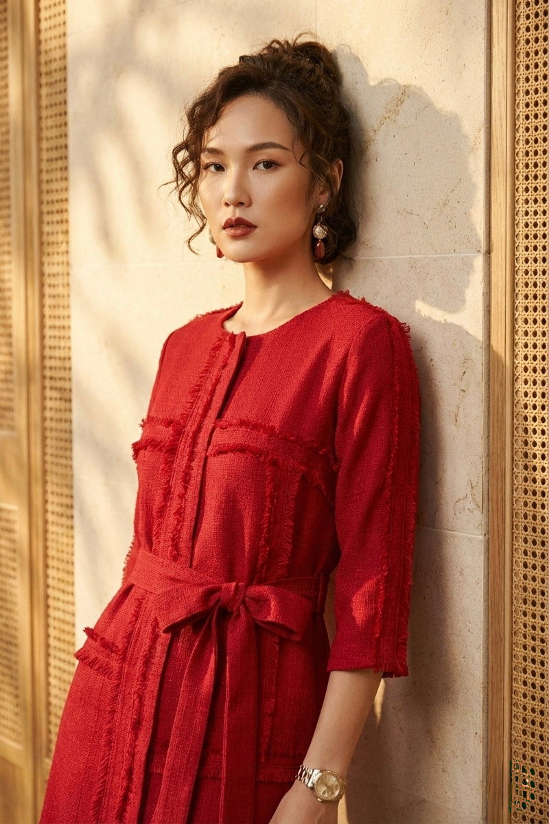 Đầm suông tua rua thủ công tweed đỏ thời trang Hity