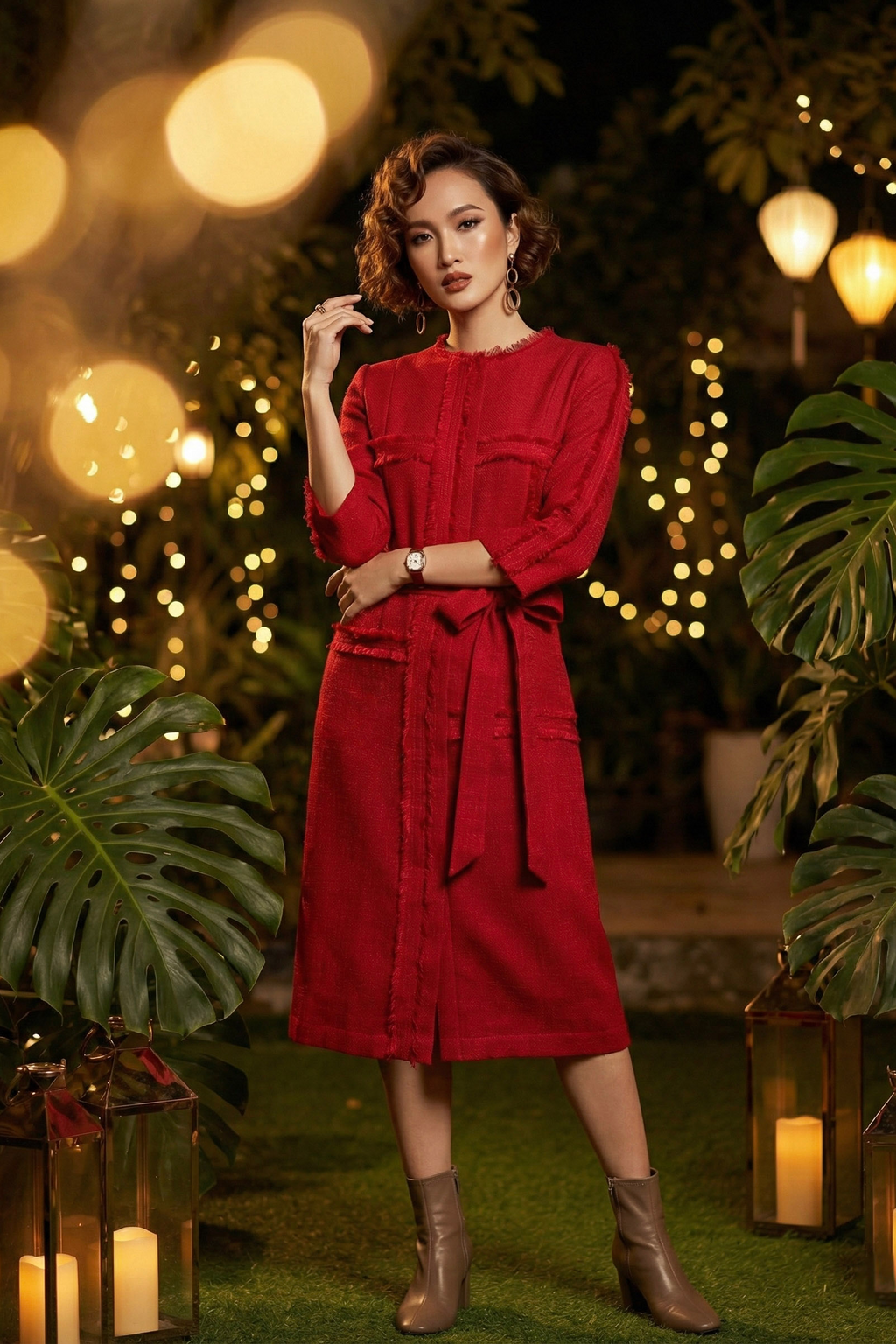 Đầm suông tua rua thủ công tweed đỏ thời trang Hity