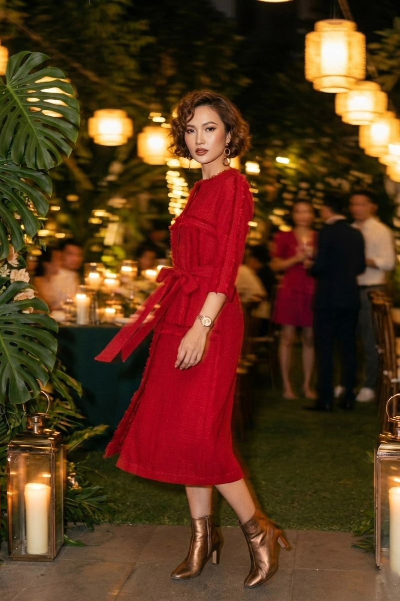 Đầm suông tua rua thủ công tweed đỏ thời trang Hity