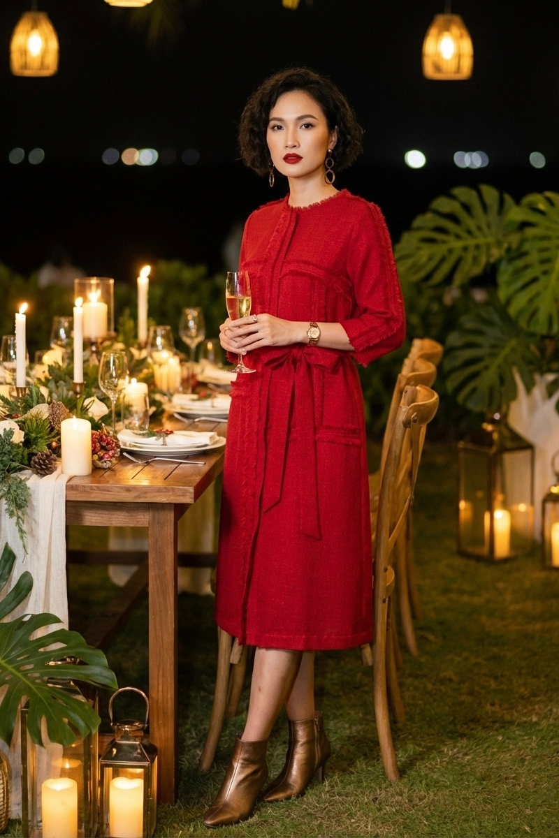 Đầm suông tua rua thủ công tweed đỏ thời trang Hity